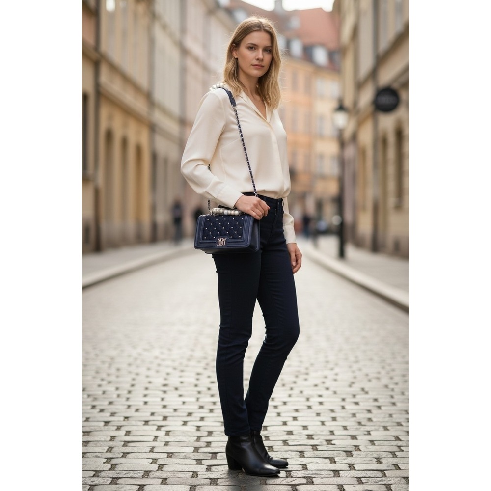 NWT Badgley Mischka Navy Jean Denim Quilted Crossbody Bag with Pearls BM-4149